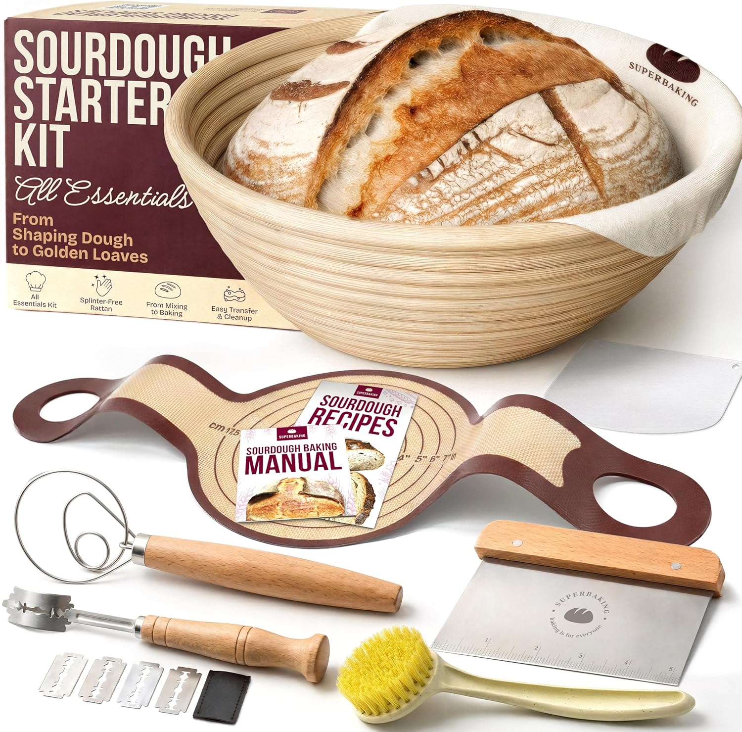 Superbaking Sourdough Starter Kit - 9" Round Banneton Bread Proofing Basket Set & Silicone Sling