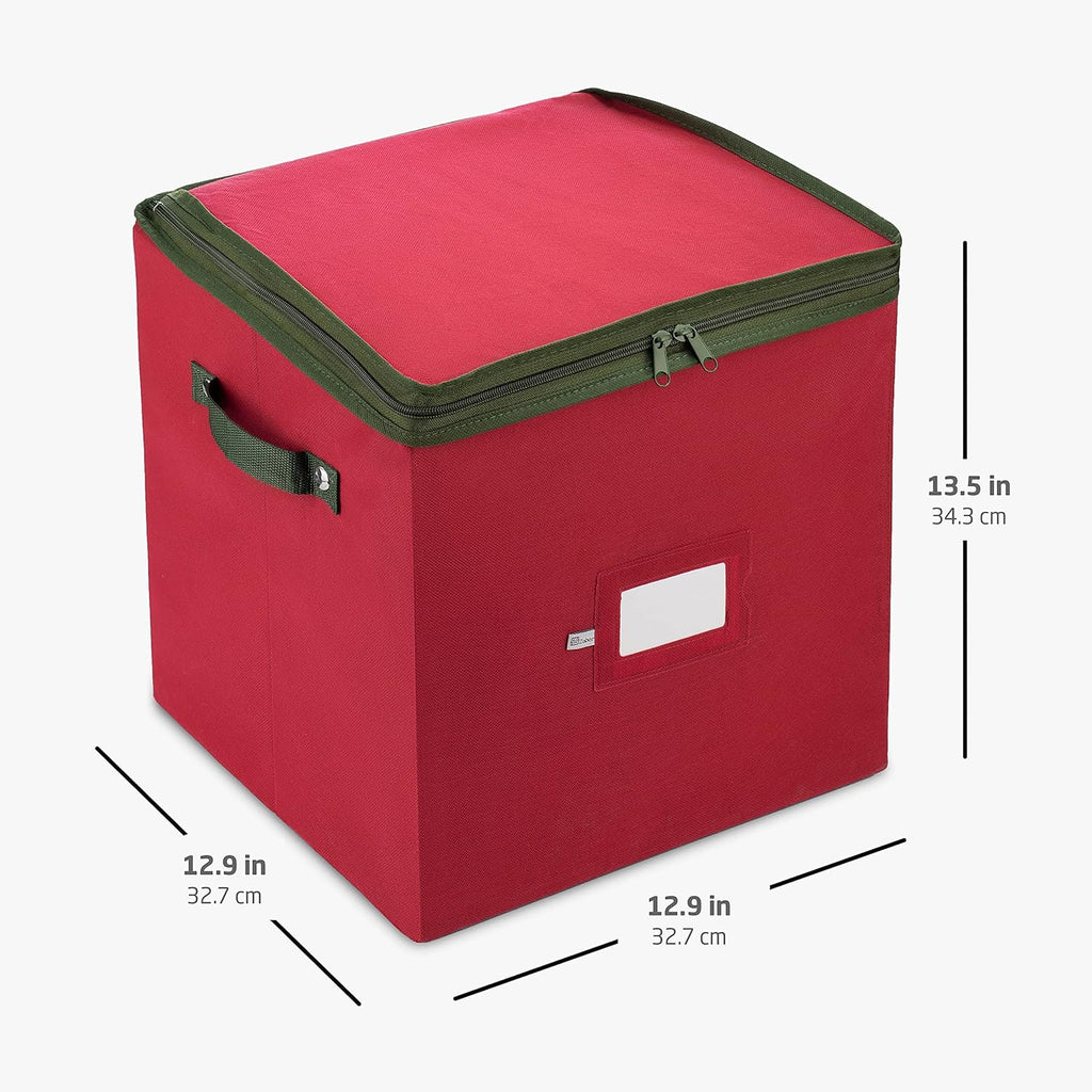ZOBER Christmas Ornament Storage Box - Holds 64 3-Inch Ornaments with Dividers - Durable Red Organizer