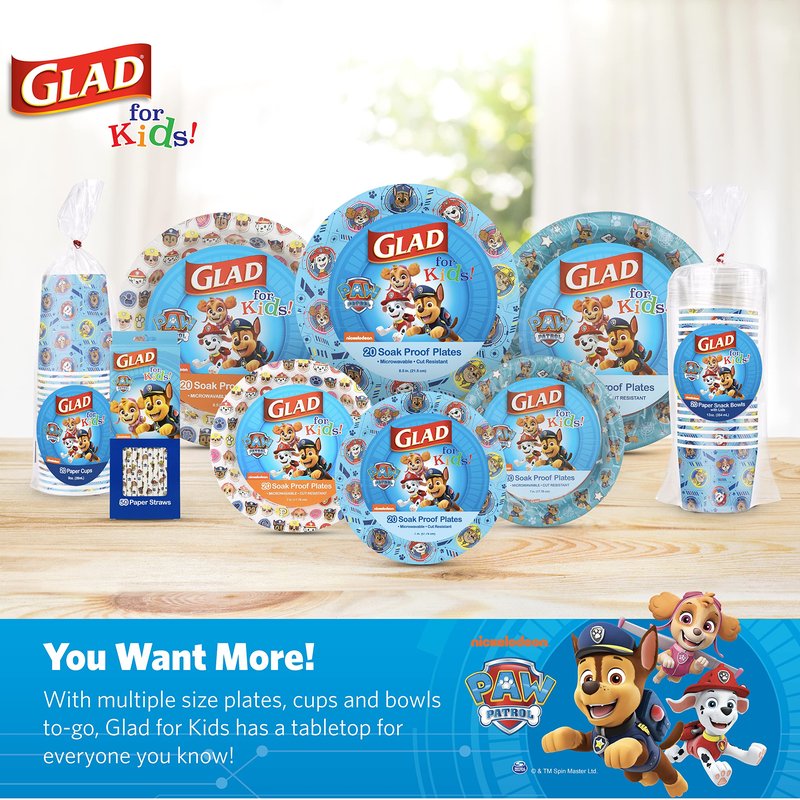 Glad for Kids Paw Patrol Disposable Paper Plates, Heavy Duty Soak Proof Microwavable Kids Plates for Parties, Birthdays, and Everyday Meals, Core Pups Blue, 7 Inch, 20 Count - 5 Pack