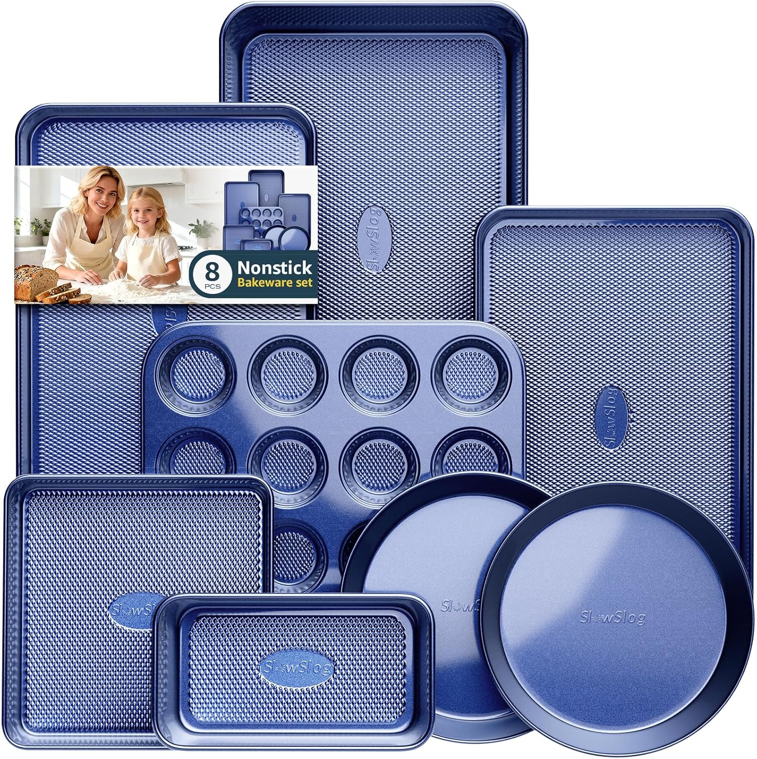 Skiennix 8-Piece Baking Pans Set - Nonstick Bakeware for Oven | Ceramic Coated Blue