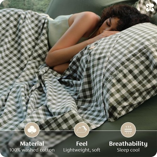 Bedsure 100% Washed Cotton Percale Sheets - Soft Gingham Queen Set with 18" Deep Pockets (Olive Green)