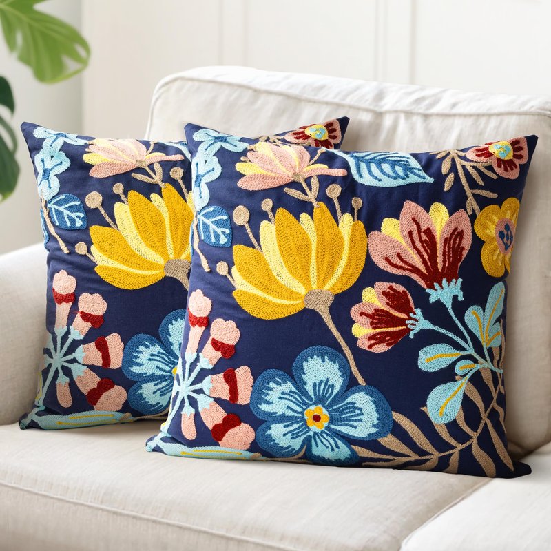 AELS Embroidered Throw Pillow Covers 18"x18" Set of 2, Boho Chic Modern Farmhouse Floral Cotton Cushion Covers for Couch, Sofa, Bed, and Living Room Decor – Blue Yellow Flower