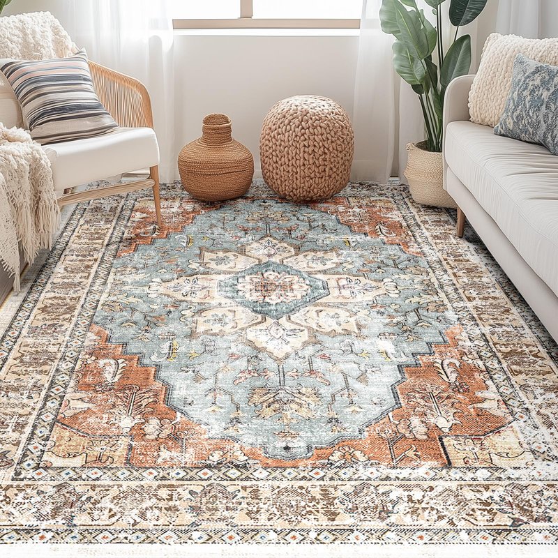 BESTSWEETIE 5x7 Area Rug Washable Rugs for Living Room, No Pile Boho Carpet for Entryway Bedroom Dinning Room, Vintage Carpet Print Distressed Non-Slip, 5 x 7 ft, Green Brick Rust Red