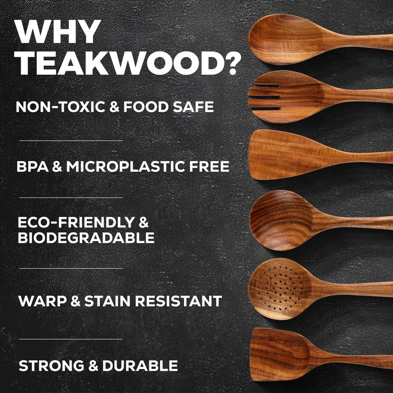 Zulay Kitchen 7-Piece Wooden Cooking Spoons Set – Heat-Resistant, Smooth Teak Utensils with Comfort Grip – Lightweight & Durable – Easy to Clean, Perfect for Non-Stick Cookware
