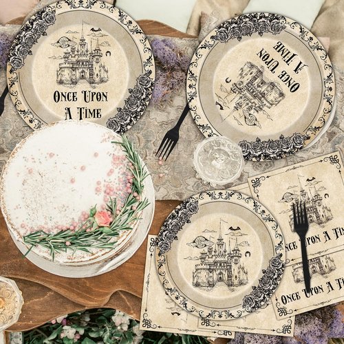 VorkiVecKi Fairytale Plates Party Decorations - 96 Pcs Once Upon a Time Tableware Paper Plate Set Napkins Forks Disposable, Floral Medieval Castle Party Supplies Decor for Birthday Wedding Serve 24