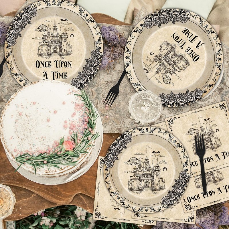 VorkiVecKi Fairytale Plates Party Decorations - 96 Pcs Once Upon a Time Tableware Paper Plate Set Napkins Forks Disposable, Floral Medieval Castle Party Supplies Decor for Birthday Wedding Serve 24