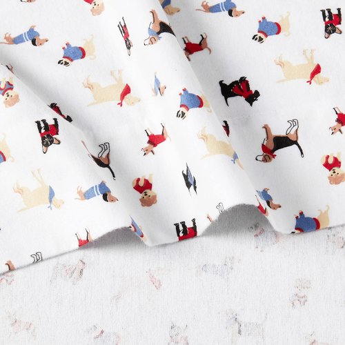 Brielle Home Flannel Sheet Set Cotton Soft Warm & Cozy Modern Chic with Elastic Deep Pockets, Queen, Dogs White