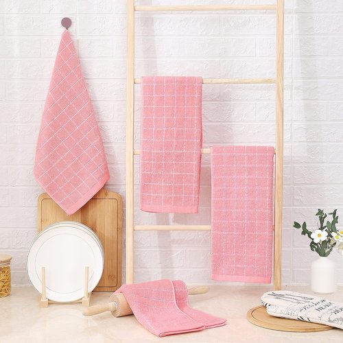 Homaxy 100% Cotton Terry Kitchen Towels - Soft & Super Absorbent Checkered Design | Pink, 13 x 28 Inches, 4 Pack