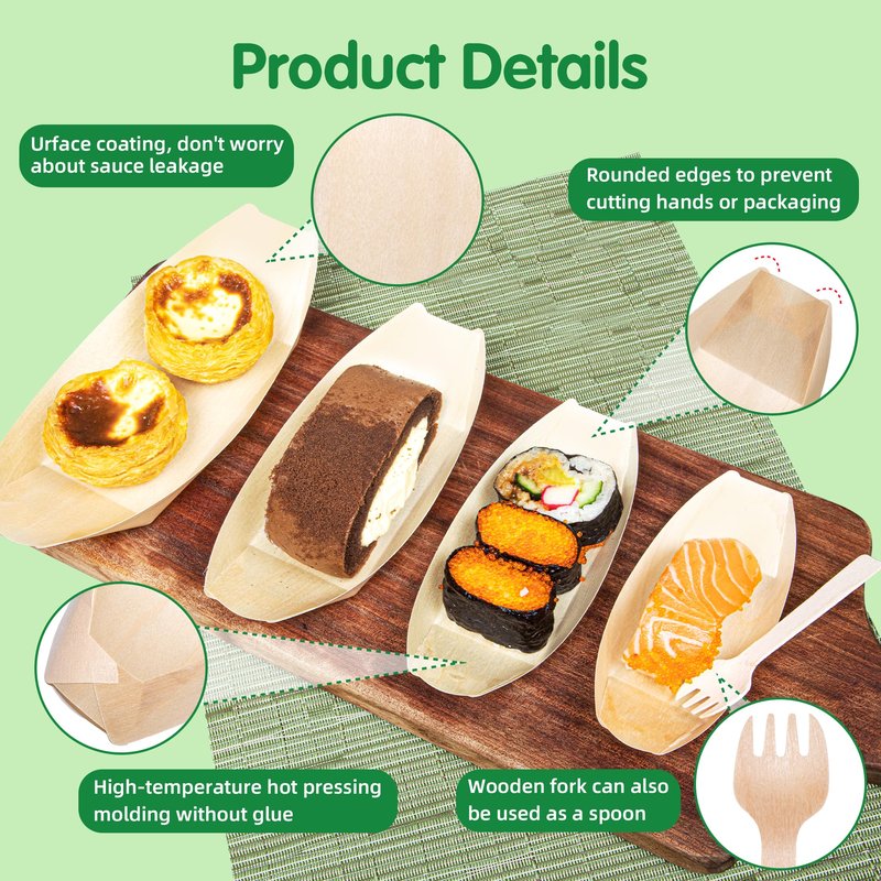 Suwodpak 200-Pack Wooden Disposable Plates 5 IN Boat Plates Food Trays Disposable Dessert Plates Disposable Food Boats for Party Weddings Picnic (Actual Size Used: 2.95" D x 1.73" W x 0.59" H)
