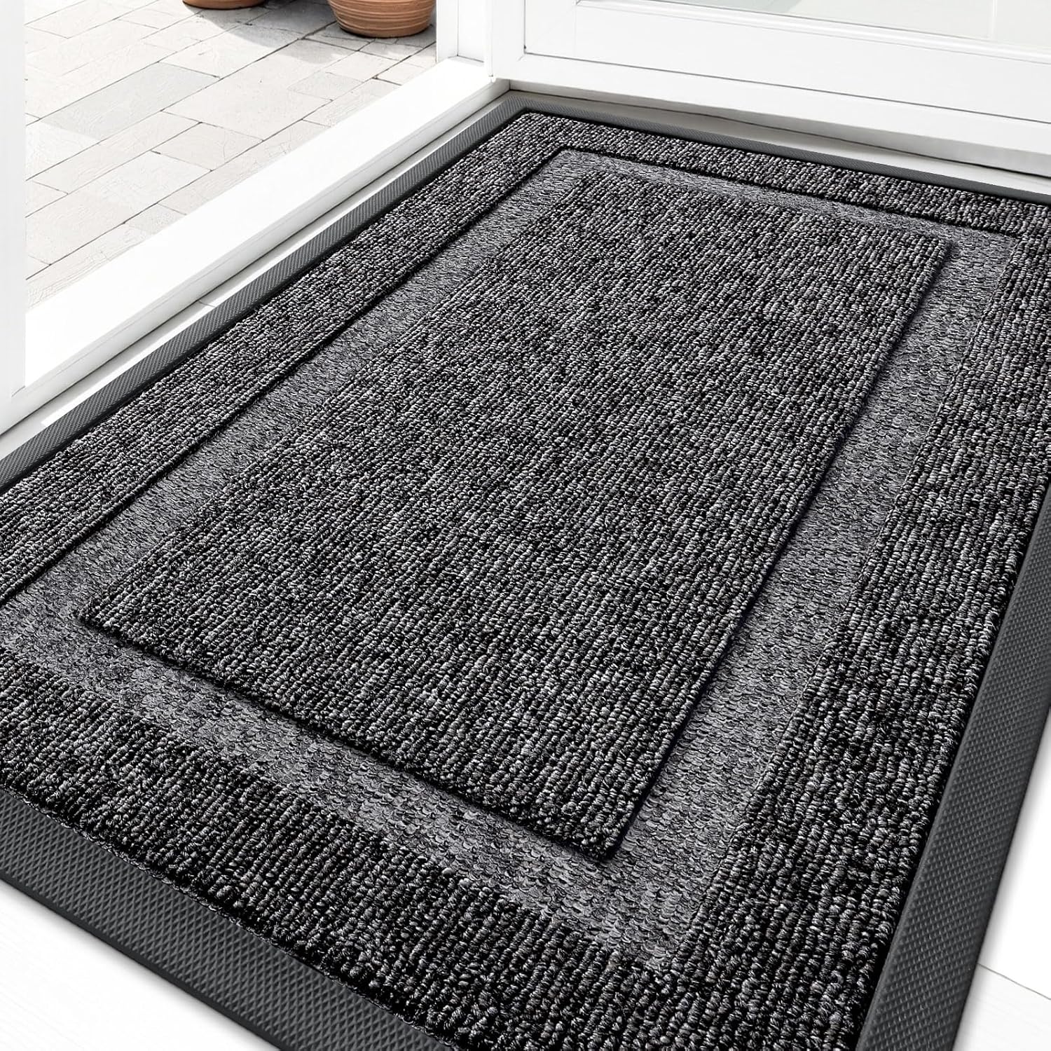 OLANLY Indoor Outdoor Front Door Mat - Waterproof All-Season Doormat | Sturdy Natural Rubber, 33x21, Black and White