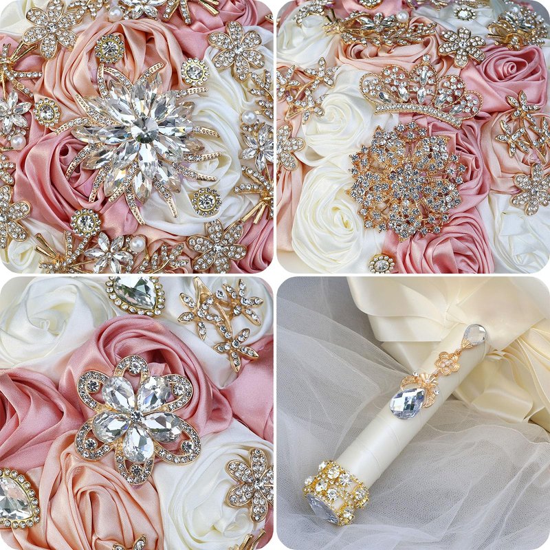 QingForBesty Handmade Satin Rose Floral Bling Pearl Decor Bridal Wedding Bouquet Rhinestone Pendant Artificial Brooch Flowers for Bride Bridesmaid Quinceanera