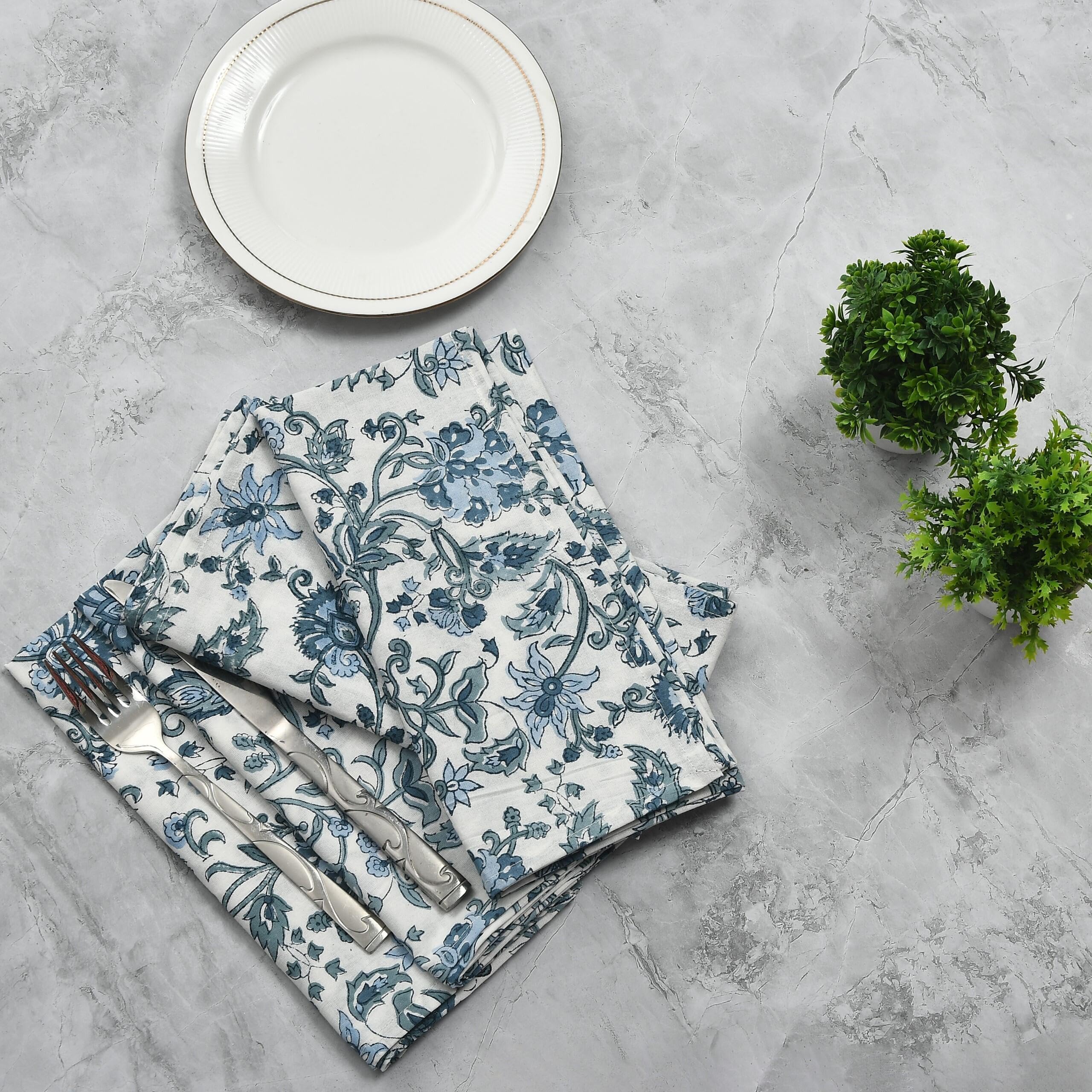 CPC Cloth Napkins Set of 6 Cotton Printed Dinner Hand Print Napkins I Wedding Cocktail Cloth Floral Napkins I 18x18 in I Blue Flower