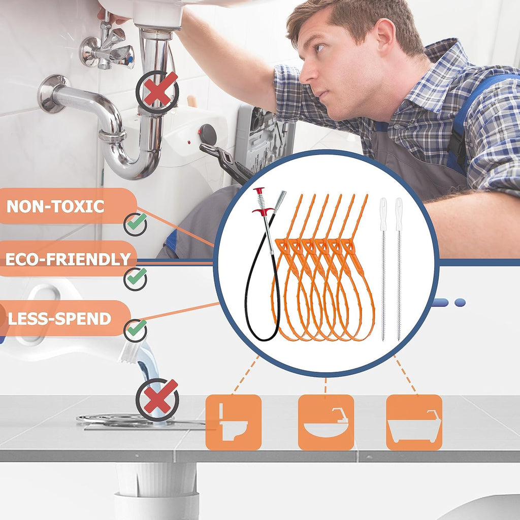 Skiennix Drain Clog Remover Set - 35.5-Inch & 25-Inch Snake Tools with 6 Hair Catchers & 2 Brushes | 9-Piece Cleaning Kit for Toilets, Sinks & Tubs