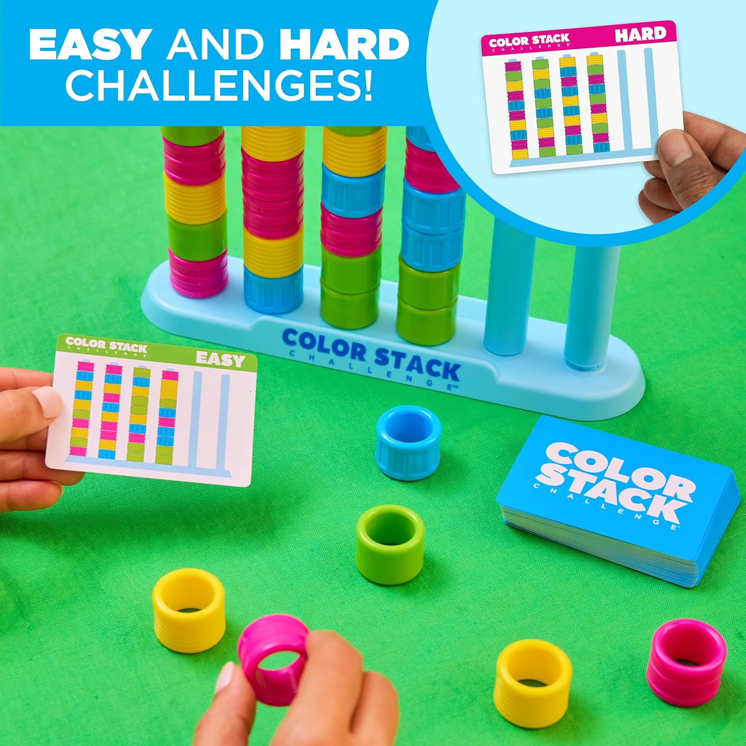 Relatable Color Stack Challenge - Fast-Paced Color Matching Puzzle Game for Family Fun | Includes 2 Stack Racks, 50 Challenge Cards, 80 Rings