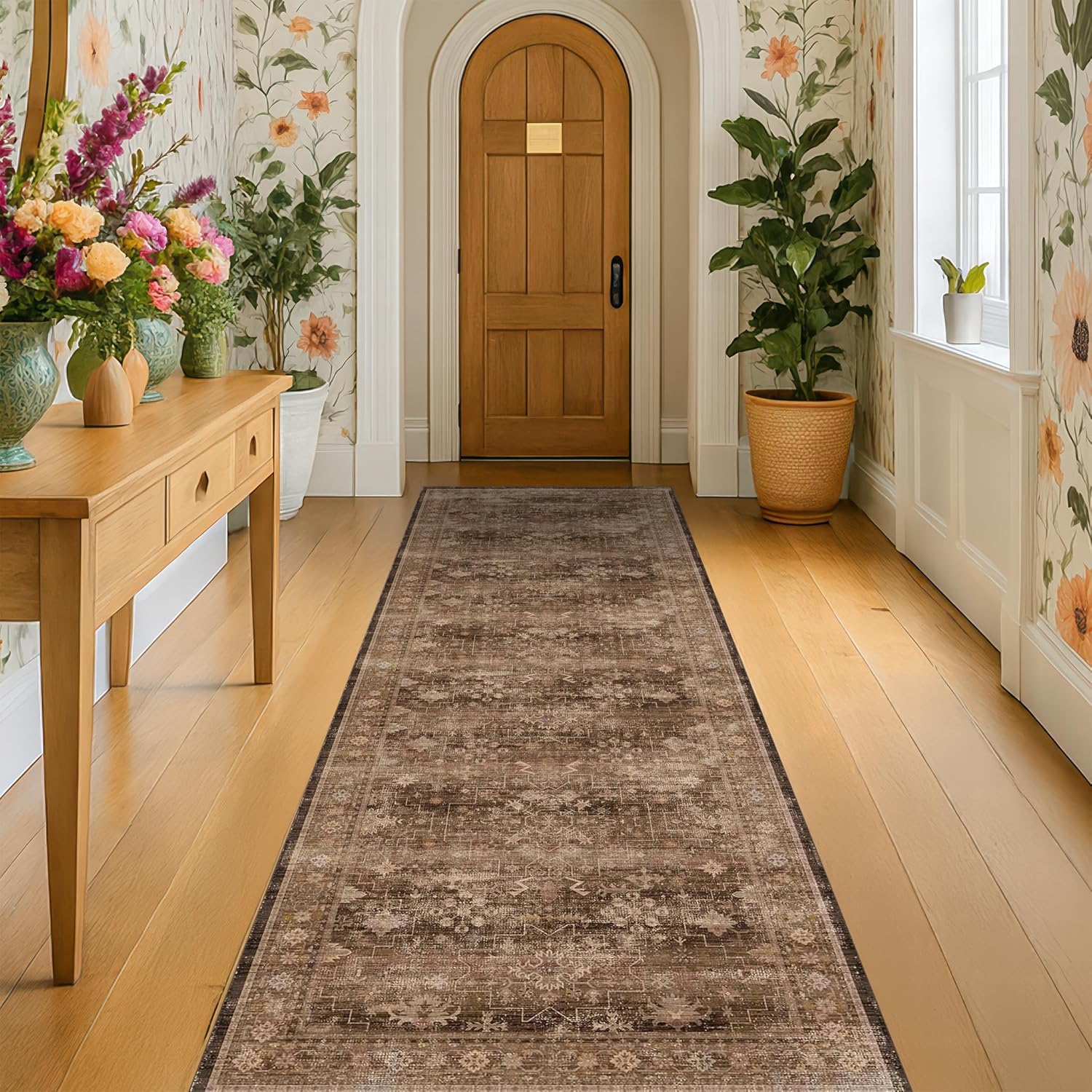 Skiennix Brown Washable Long Runner Rug - Non-Slip Rubber Backing | 3x8 ft Boho Vintage Design for Hallways & Entryways
