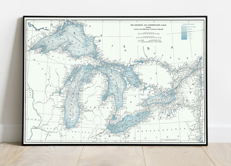 Historic Map - World Atlas - 1948 Great Lakes including Canals and Tributary Navigable Streams. - Vintage Wall Art - 36in x 24in