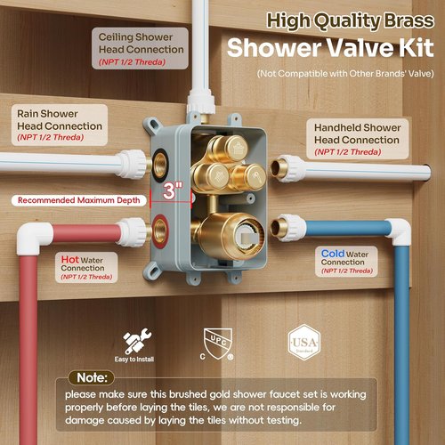 **Regine Switzerland Gold Shower Faucet Set - Brushed Gold Finish with 10'' Ceiling & 6'' Wall-Mounted Heads**