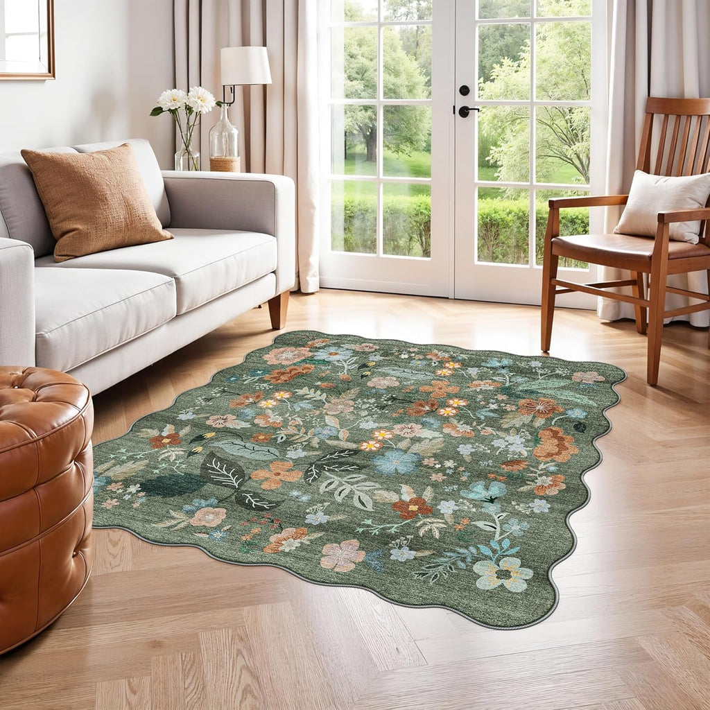 Regine Switzerland Floral Square Area Rug - Washable 5x5 Soft Water-Resistant Carpet | Non-Slip Backing for Living Room & Bedroom Decor