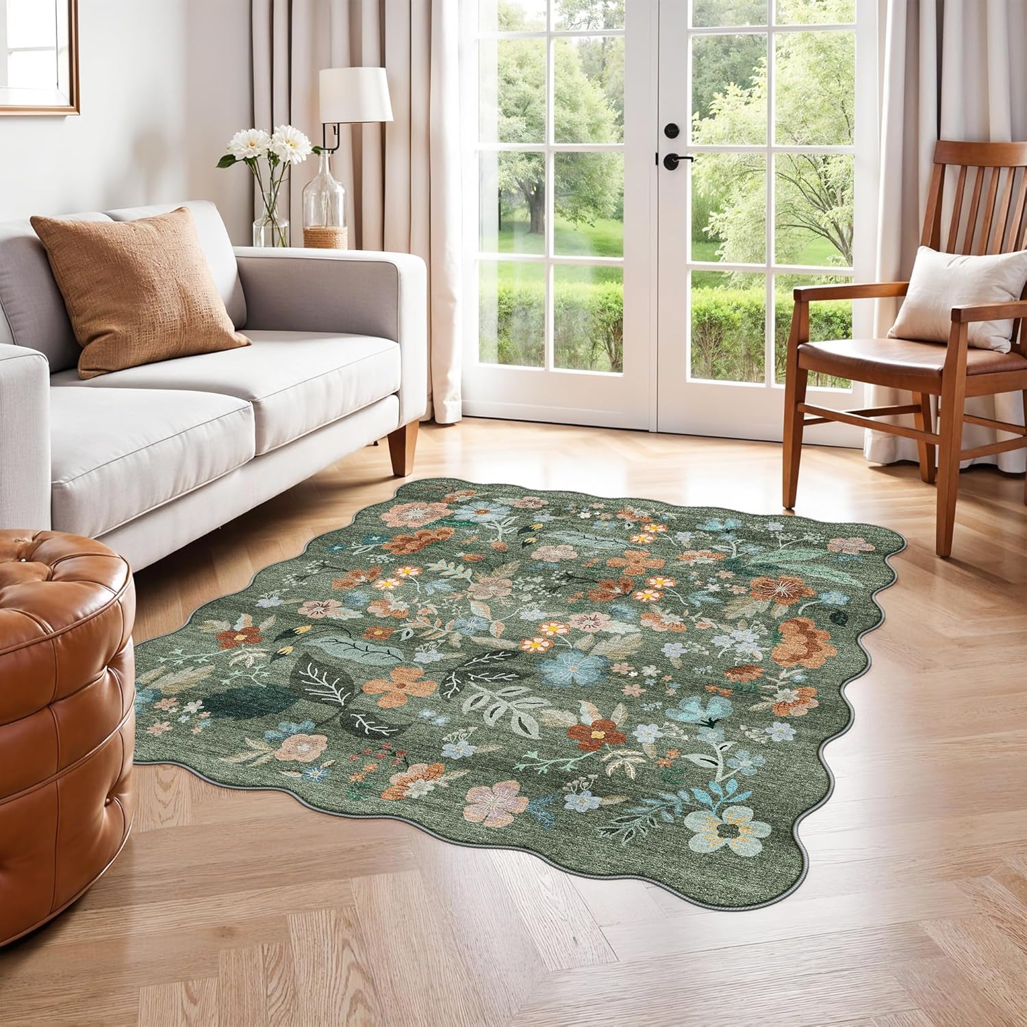 Regine Switzerland Floral Square Area Rug - Washable 5x5 Soft Water-Resistant Carpet | Non-Slip Backing for Living Room & Bedroom Decor