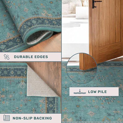 Hazo Haus Boho Kitchen Rug Runner - Non-Slip Teal Washable Design for Bathroom & Hallway