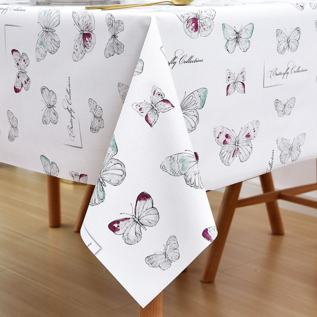 LOHASCASA Vinyl Table Cloth 9ft Plastic Tablecloth, Wipeable Oilcloth Table Covers, Waterproof PVC Rectangle/Oblong Rustic Baby Showe Camping Tablecloth for Picnic Tables, Patio, BBQ, White Butterfly