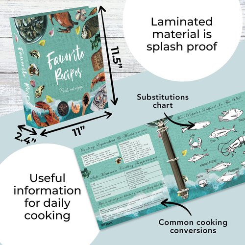 CraftSaints Recipe Binder 8.5x11, 3 Ring DIY Cookbook Kit 16 Dividers & 50 Plastic Sleeves & 36 Labels, Organizer Book Kit (Seafood)
