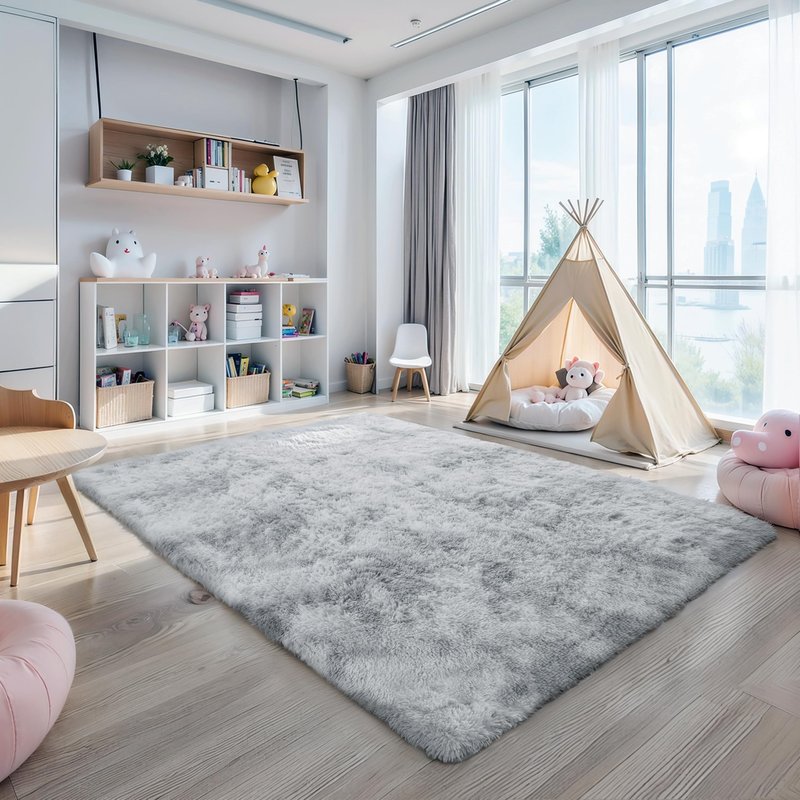 KICHOWUA 6x9 Light Grey Fluffy Shag Area Rug for Bedroom, Soft Plush Fuzzy Washable Non Slip Carpet for Living Room, Modern Comfy Furry Shaggy Large Rug for Kids Baby Boys Nursery Dorm, Tie-Dye Gray