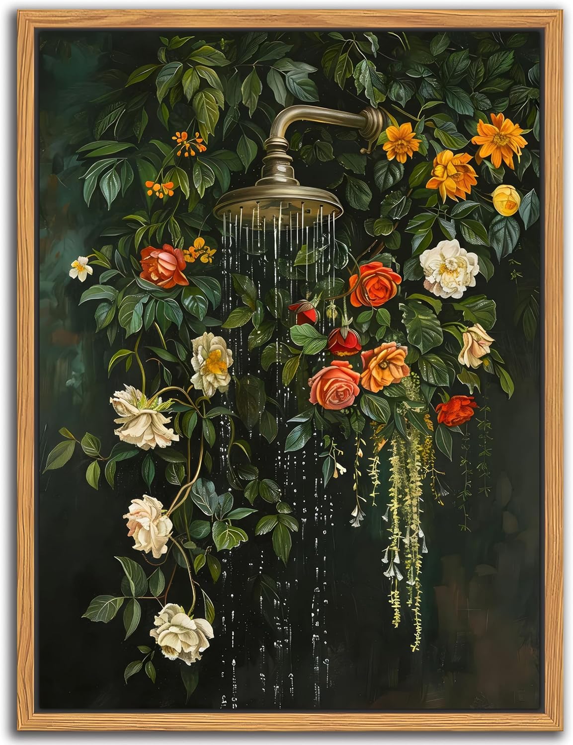 Skiennix Floating Framed Floral Shower Wall Art - Vintage Botanical Canvas Print | Romantic Garden Roses 12x16 Inch