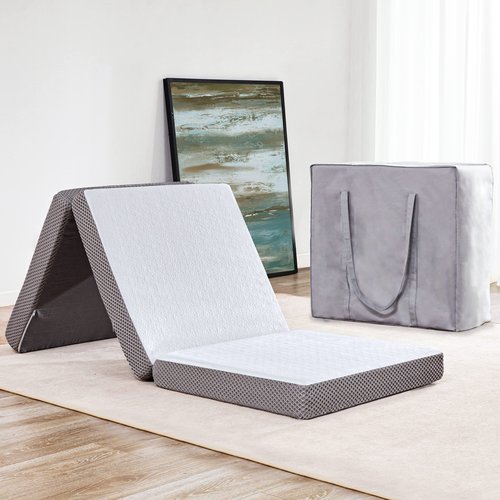 Kingfun Foldable Mat 3.95 Inch Folding Mat Tri-fold Gel Memory Foam Breathable with Storage Bag, Portable Floor Guest Bed Soft for Sleeping Camping, Gray, Single Size