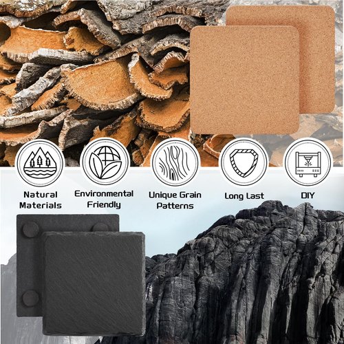 100 PCS Coaster Bulk for Laser Engraving, MAPRIAL 4 Inch 50 PCS Blanks Black Handmade Slate Stone Coasters, 50 PCS Cork Coasters, Engravable Materials for Engraver, Gifts, Crafts, Square