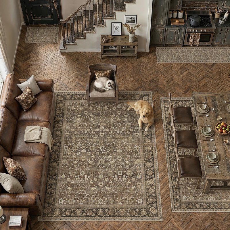 HUGEAR 4x6 Machine Washable Rugs Brown Hallway Area Rug Indoor Accent Rug Floral Low Pile Carpet Soft Throw Rug Bedroom Living Room Office Dining Room Kitchen Laundry Room Non Slip