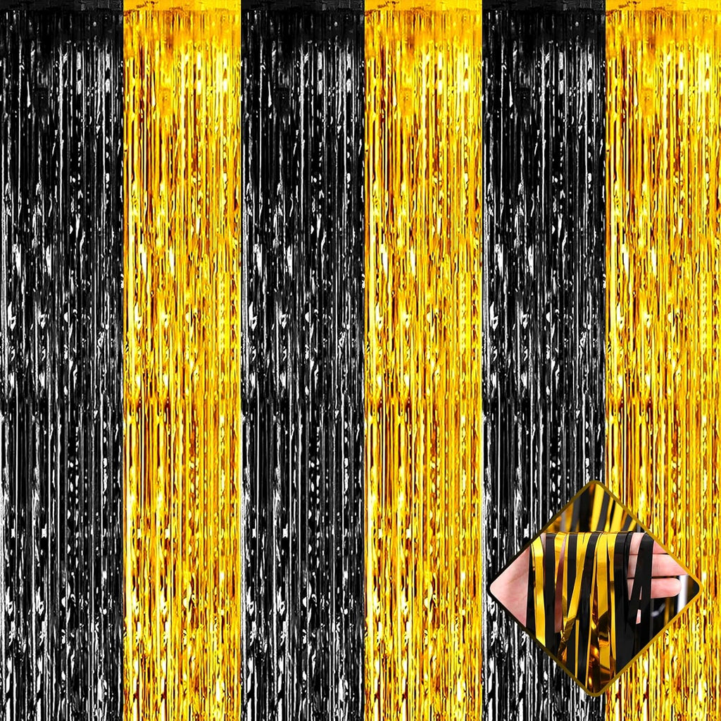 Skiennix Black Gold Foil Fringe Curtain Backdrop - 4 Pack Metallic Tinsel Streamers for Parties & Events