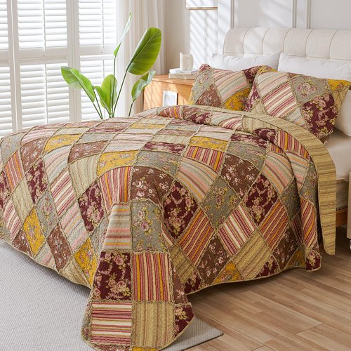 Cmfshape Floral Quilt Sets Bedspread Set 100% Cotton Patchwork Bedding Set, All Season Use Lightweight Reversible Coverlet Quilts with 2 Pillow Shams(King 106"x96")