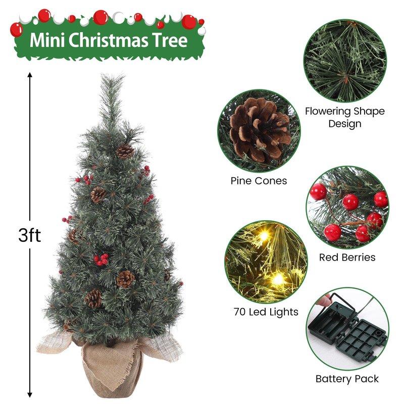 GarveeHome Pre-Lit 3 ft Artificial Mini Xmas Tree, Nordic Spruce Christmas Tree with Led Lights & Burlap Bag Base, Suitable for Tabletop, Office & Home Decoration