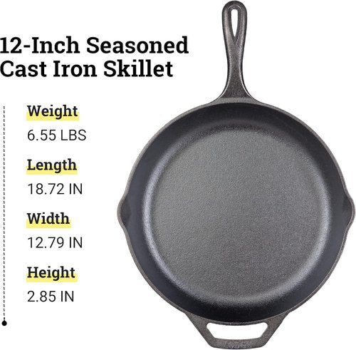 Lodge 12" Cast Iron Skillet - Chef Collection - Ergonomic Handles for Perfect Searing & Heat Retention
