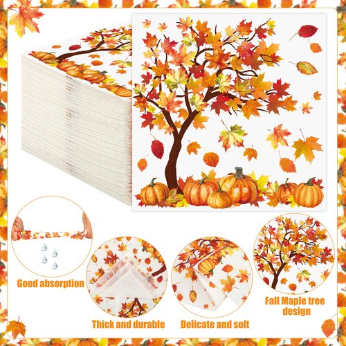 100 Pcs Fall Cocktail Napkins Fall Tree Paper Napkin 3 Ply Pumpkin Maple Leaves Party Dinner Napkins Disposable Autumn Beverage Napkin for Thanksgiving Autumn Harvest Party Supplies Table Decor