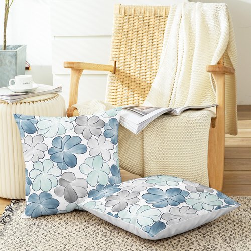 CaliTime Throw Pillow Covers Decorative 18 X 18 Inches Pack of 2 Cozy Fleece Blooming Flower Cushion Cases for Couch Bed Sofa Farmhouse Decoration Smoke Blue Grey