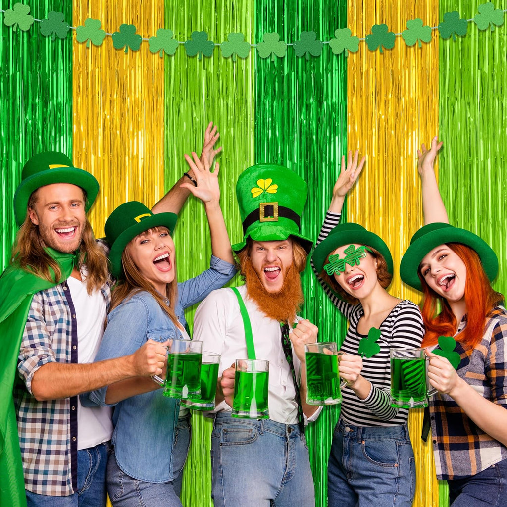 St. Patrick's Day Party Decorations - 2 Pack Green & Gold Metallic Backdrop Curtains | 3.28 FT x 7.05 FT
