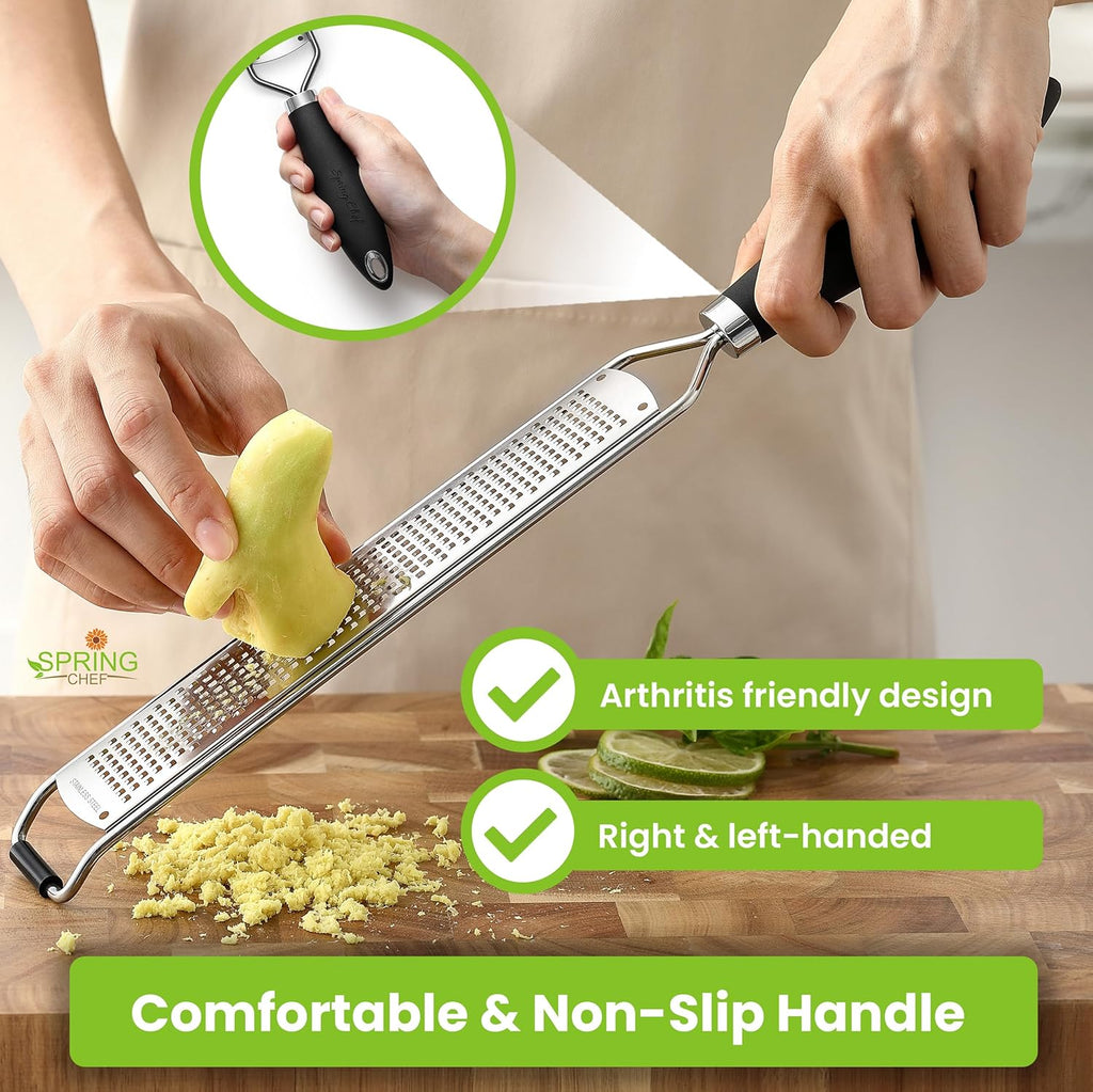Spring Chef Stainless Steel Lemon Zester Grater - Heavy Duty Citrus Tool with Handle | Fine Shred, Black