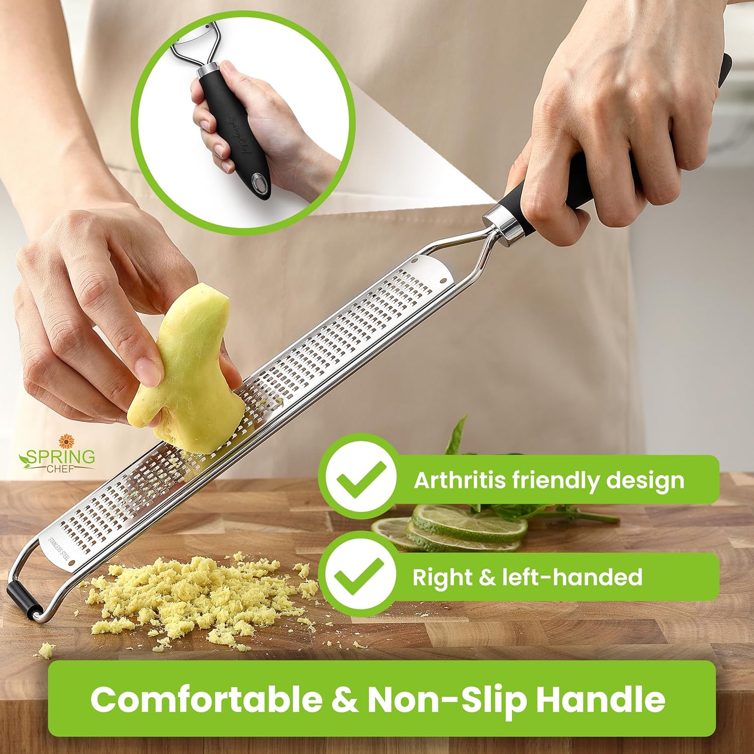Spring Chef Stainless Steel Lemon Zester Grater - Heavy Duty Citrus Tool with Handle | Fine Shred, Black