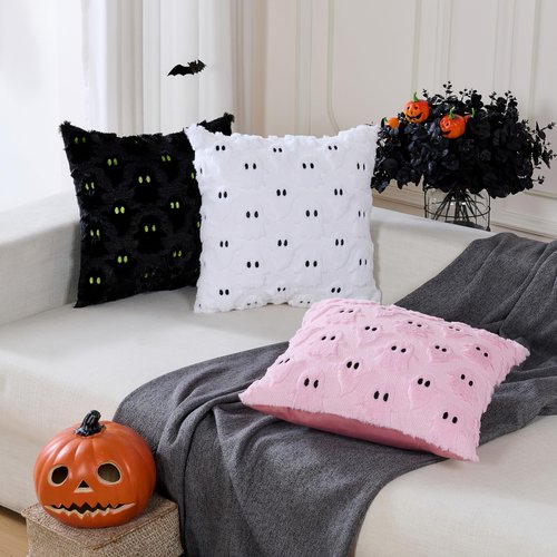 YOSICHY Halloween Decorations Pillow Covers 18x18 inch Set of 2 Beige Ghost Throw Pillow Cases Soft Plush Faux Fur Wool Decorative Cushion Case for Sofa Couch Bed Chair Living Room Home Decor