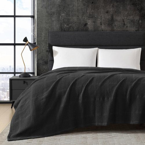 Kenneth Cole - King Blanket, 100% Textured Waffle Grid Cotton Blanket for Bed or Couch, Lightweight & Breathable for Year Round Comfort (Black)