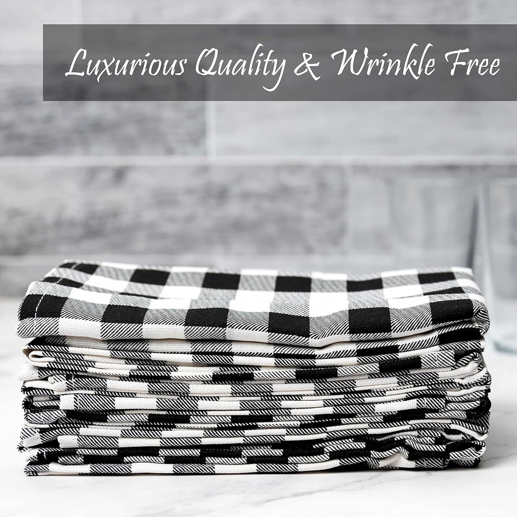 PERLLI Kitchen Cloth Napkins - 12 Pack 18x18 Inches | 100% Cotton Black and White Plaid Design, Washable & Reusable for Elegant Table Settings