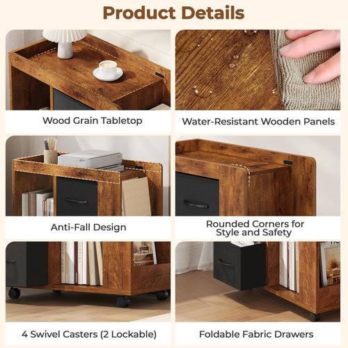 Yaheetech Book Shelf with Storage, Wooden Rolling Bookcase with Wheels, 2 Foldable Fabric Drawers, Magazine Racks and Open Shelves, 13″ × 24″ × 26″, for Living Room, Home Office, Rustic Brown