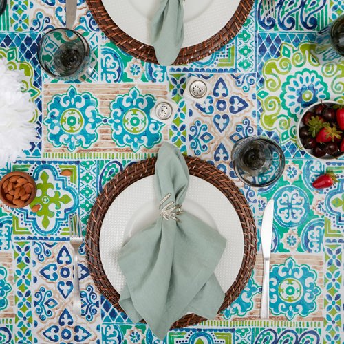DII Spanish Tile Print Collection, Flannel Backed Tablecloth, 60 x 84, Multi Color