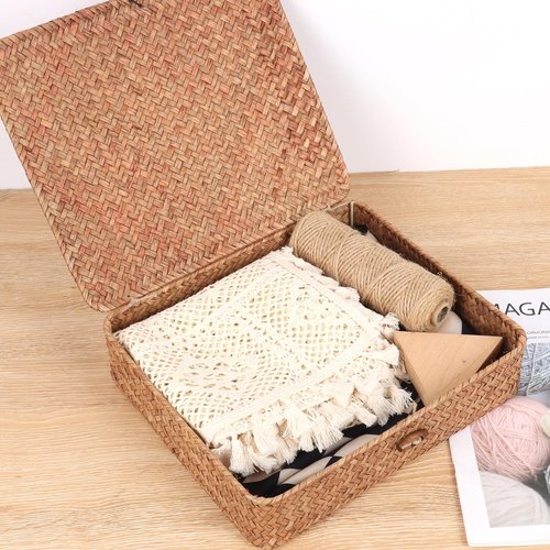 Moosky Flat Wicker Shelf Baskets - Handwoven Seagrass Storage Bins with Lid | Set of 2, Coffee Color