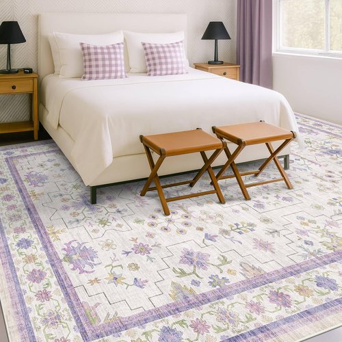 Lavender Floral Area Rug by [Brand Name] - Large 8x10 Size, Non-Slip, Stain-Resistant & Washable Carpet