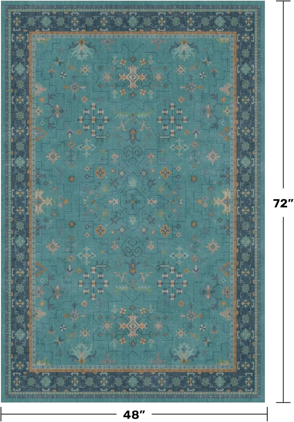 Teal 4x6 Vintage Non-Slip Rug | Boho Turquoise Geometric Floral Design for Entryway & Kitchen