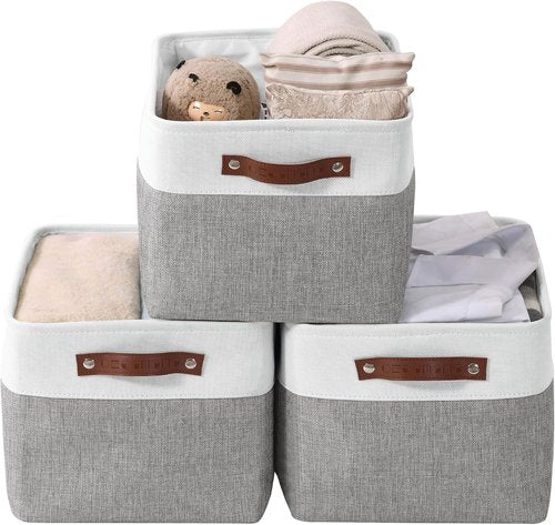 DECOMOMO Storage Baskets - Large Fabric Storage Bins for Organizing Linen Closets | Grey & White - 3 Pack