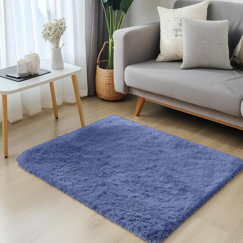 OLANLY Small Bedside Rug - Soft Fluffy Shaggy Throw Rug for Bedroom & Living Room | Denim Blue